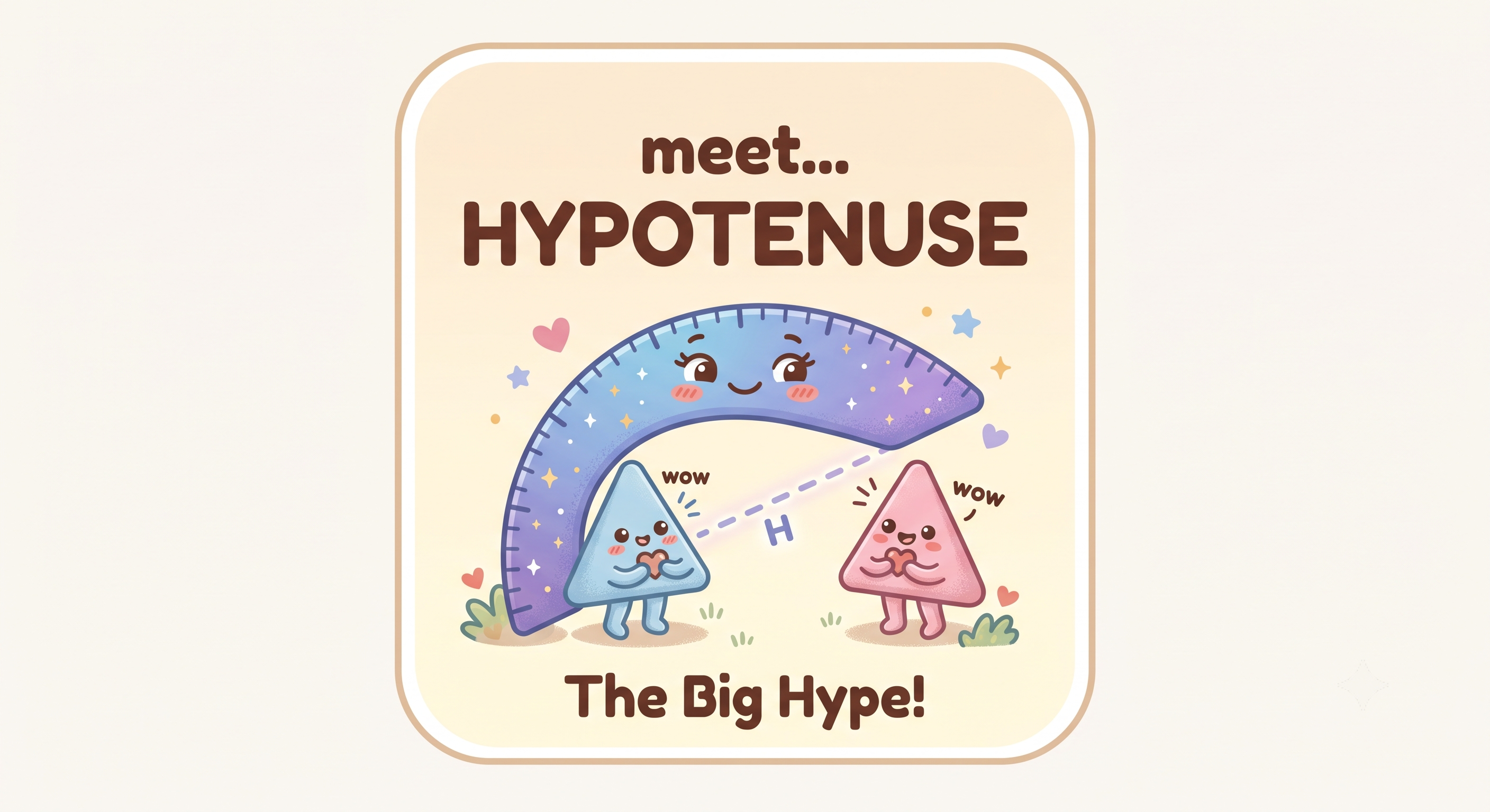 A majestic stylized hypotenuse ruler looking down proudly at leg characters